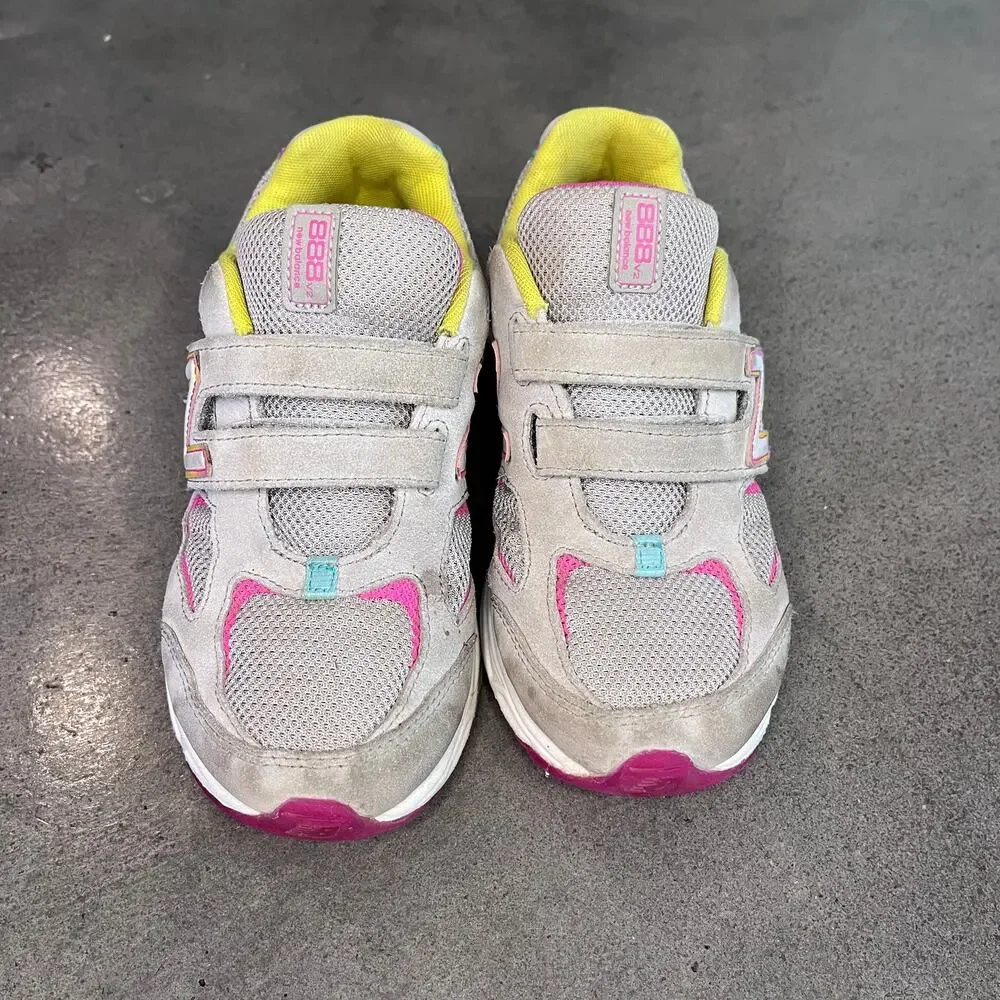 New Balance Gray pink yellow suede no lace sneakers Youth girls 2 athletic shoes